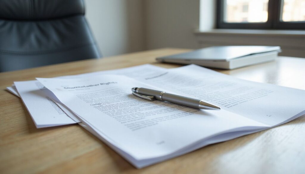 A cluttered office desk with corporate documents and a pen.