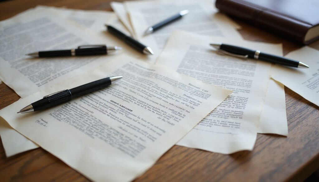 A cluttered wooden desk filled with legal documents and writing tools.