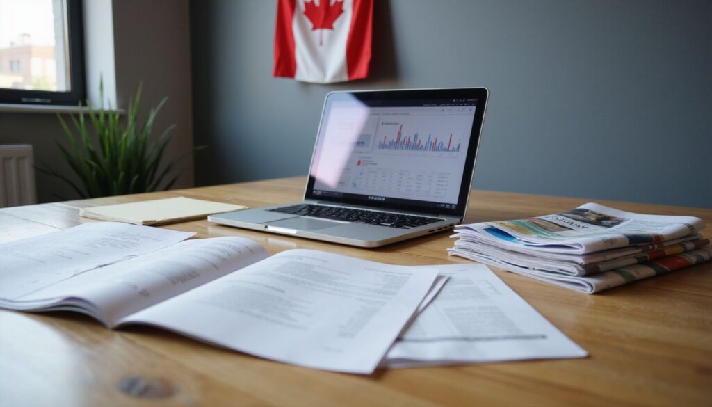 A modern office desk showcases documents, a laptop, and magazines.