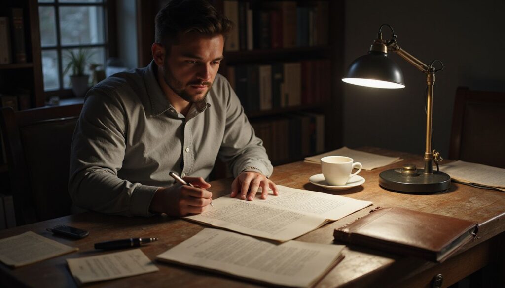 A focused individual reviews legal documents at a cluttered desk.