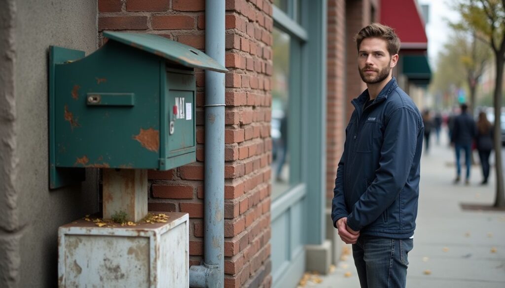 A nonprofit mailbox and sign stand outside a modest office building.