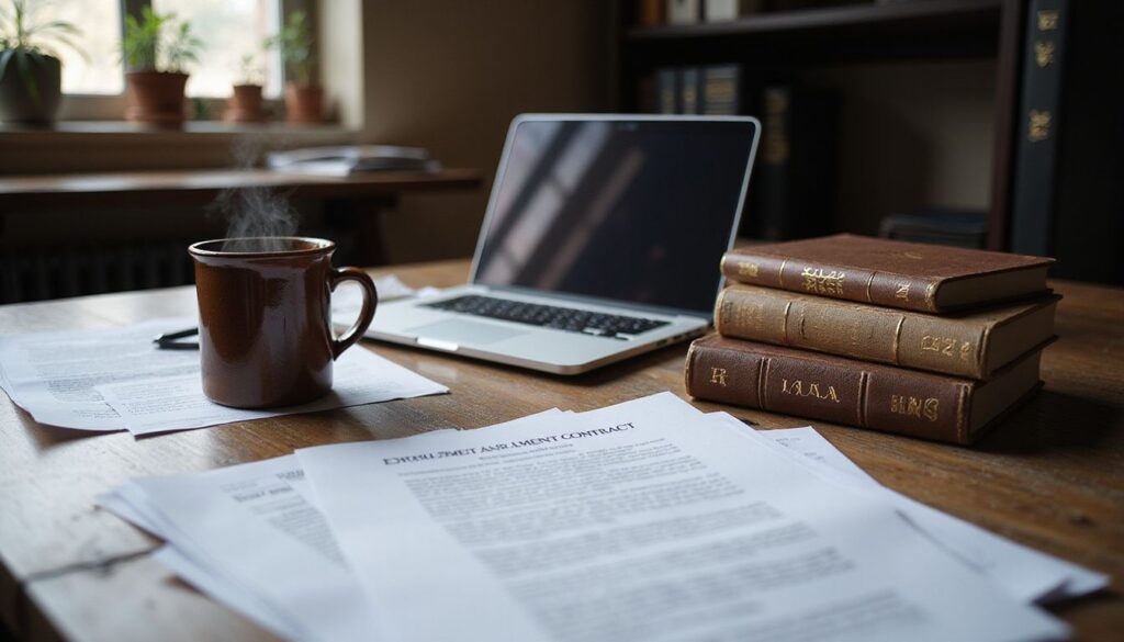 A cluttered desk featuring legal documents, a laptop, and coffee.