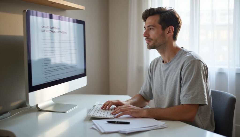 A focused individual reviews an Ontario Temporary Help Agency webpage.