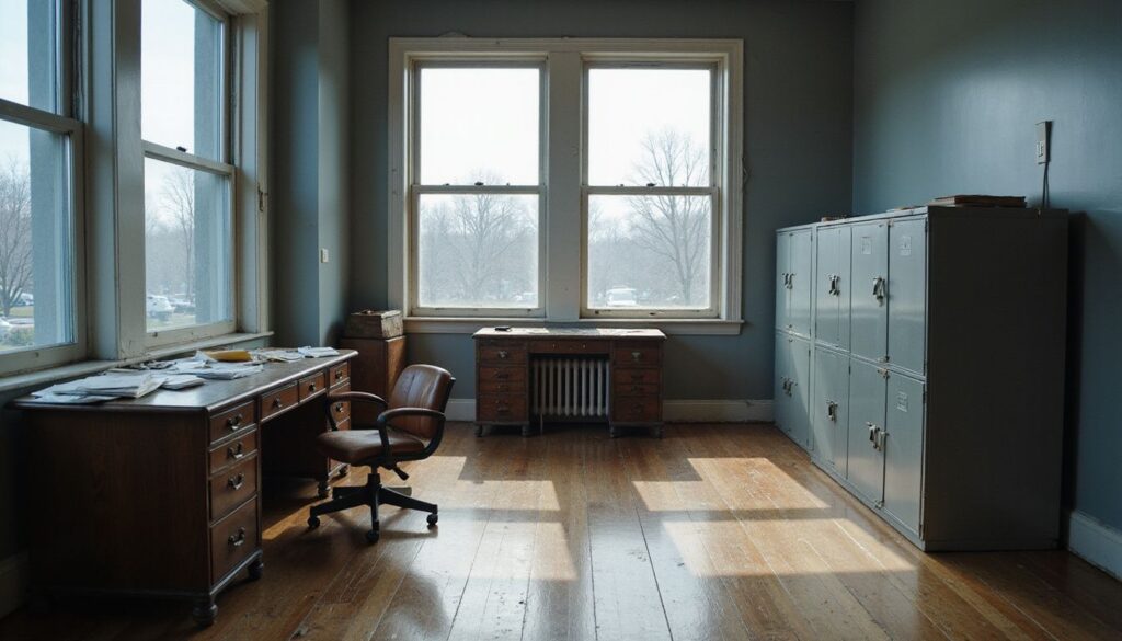 A neglected, sparsely furnished office with worn furniture and scattered paperwork.