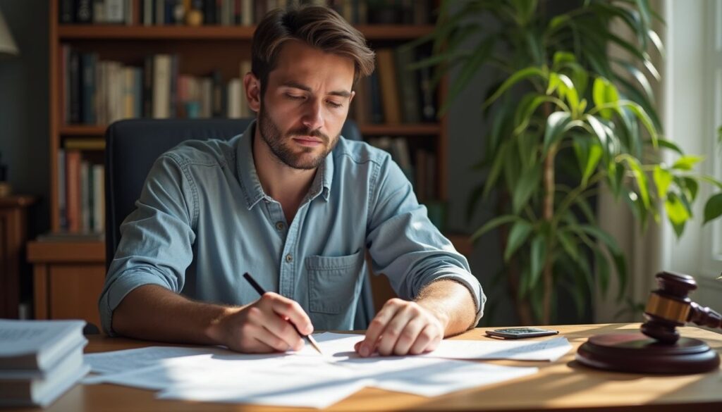 A person reads documents at a wooden desk in a home office.