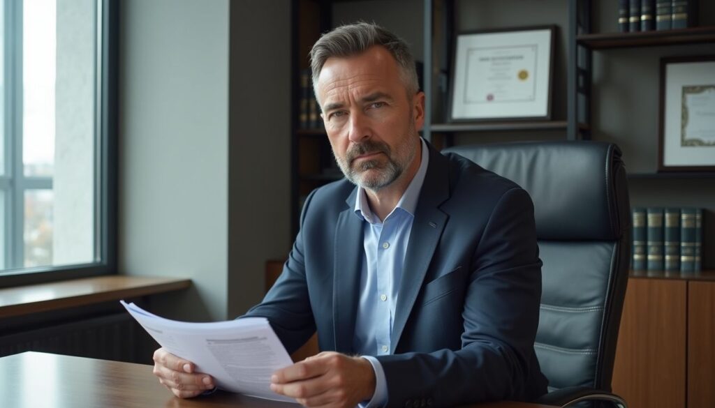 A focused investor reviews documents in a contemporary office setting.