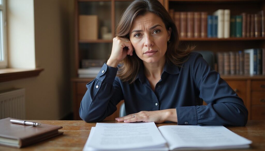 A concerned woman reviews legal documents at an organized office desk.