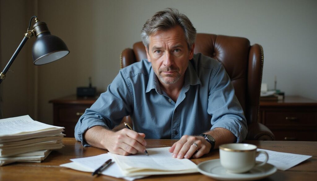 A middle-aged man studies legal documents at a cluttered desk.