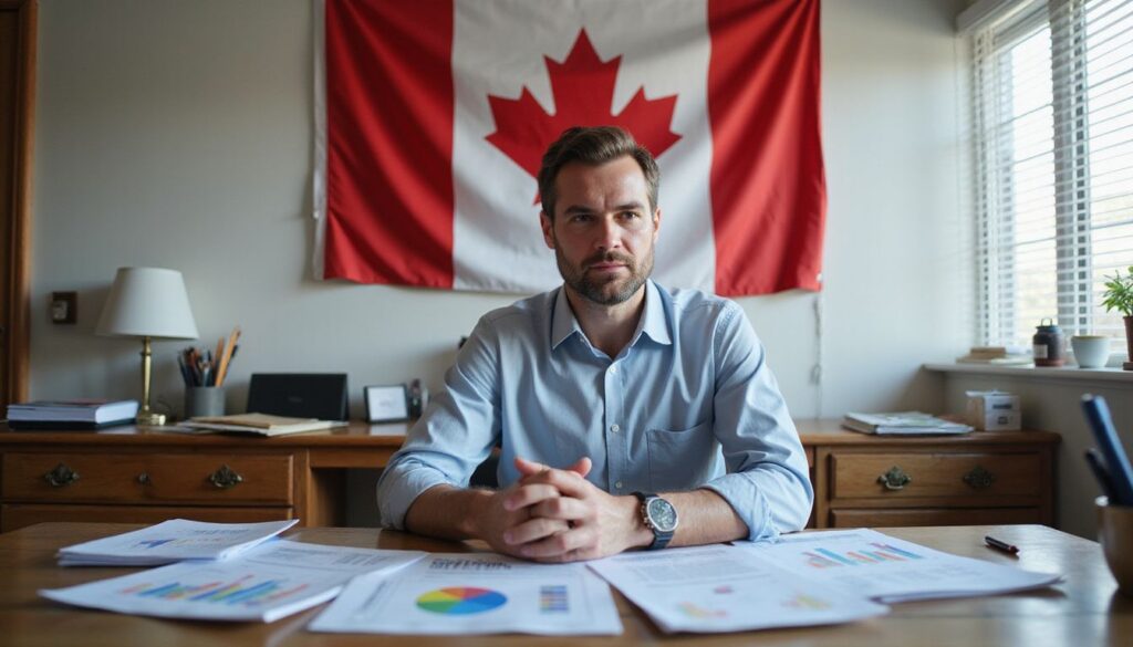 A focused man reviews investment reports at a cluttered desk.