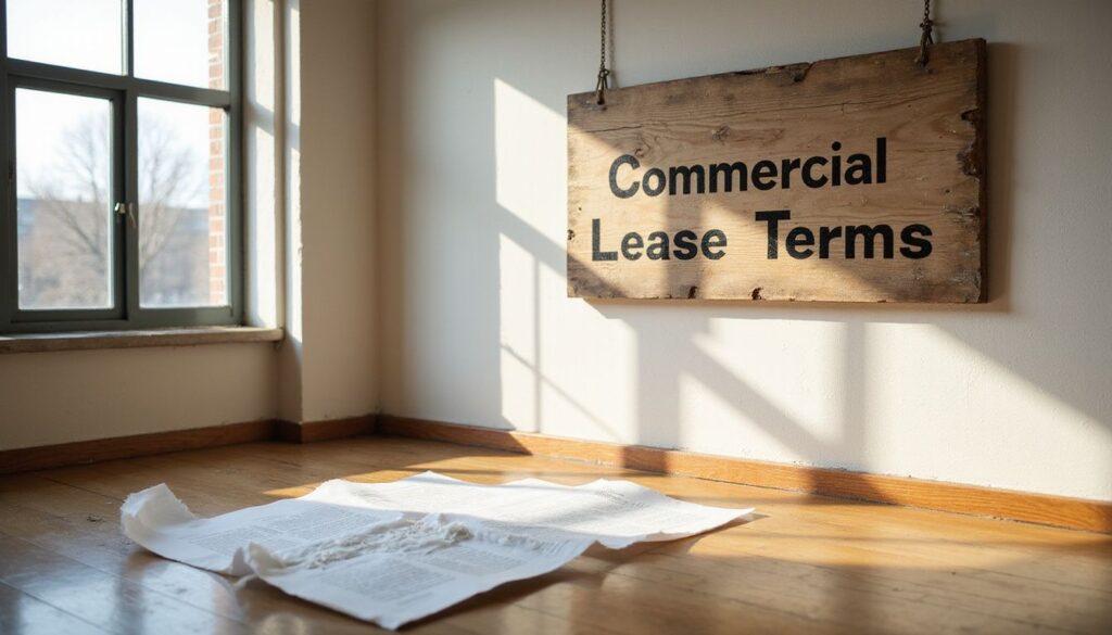 An abandoned office space with scattered legal documents and a worn sign.