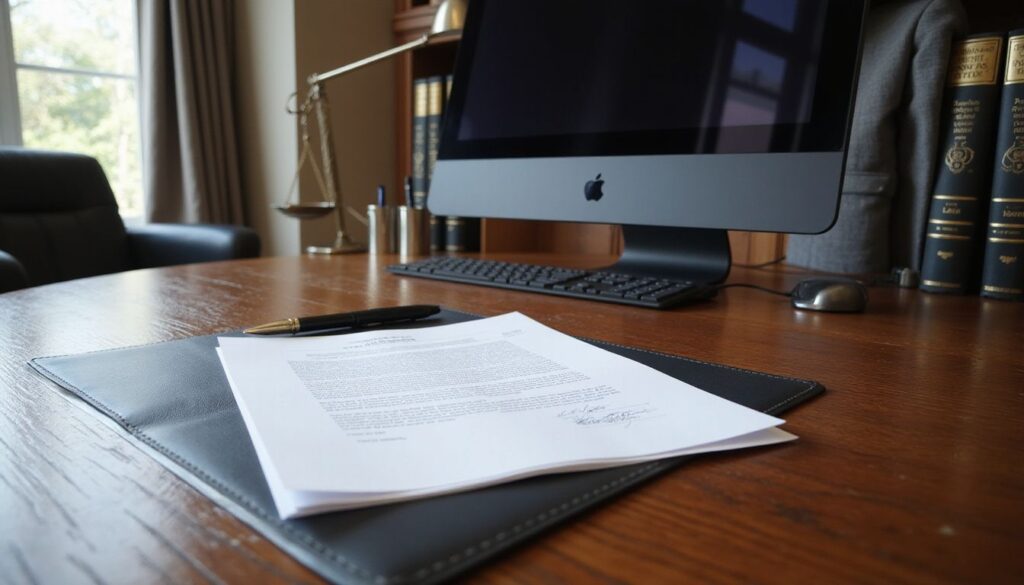 A well-organized law firm office with professional documents and decor.