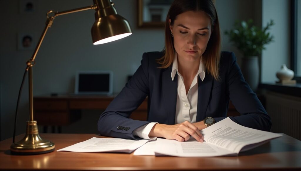 A focused businesswoman reviews complex legal documents at her desk.