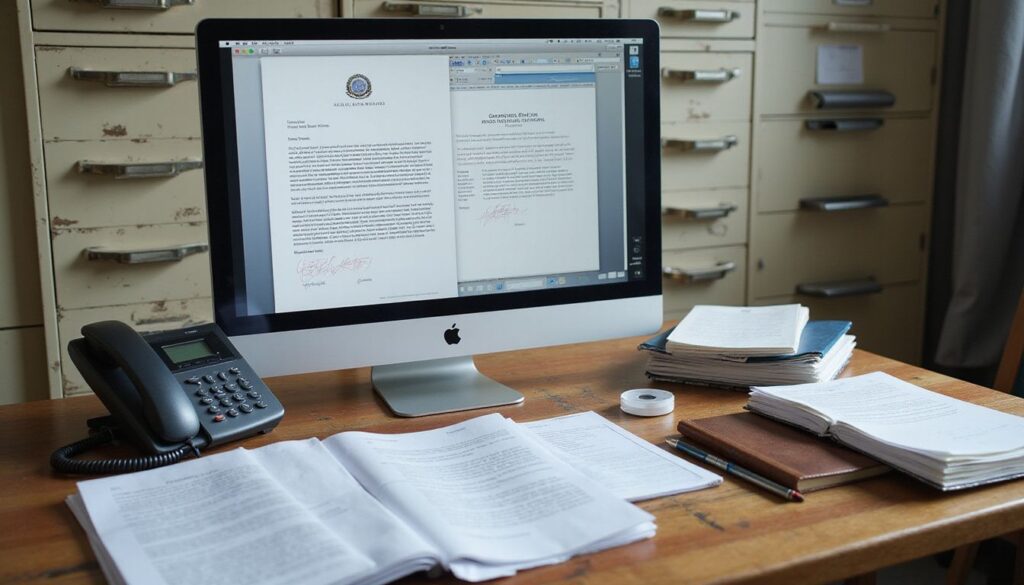 A busy office desk cluttered with documents and office supplies.