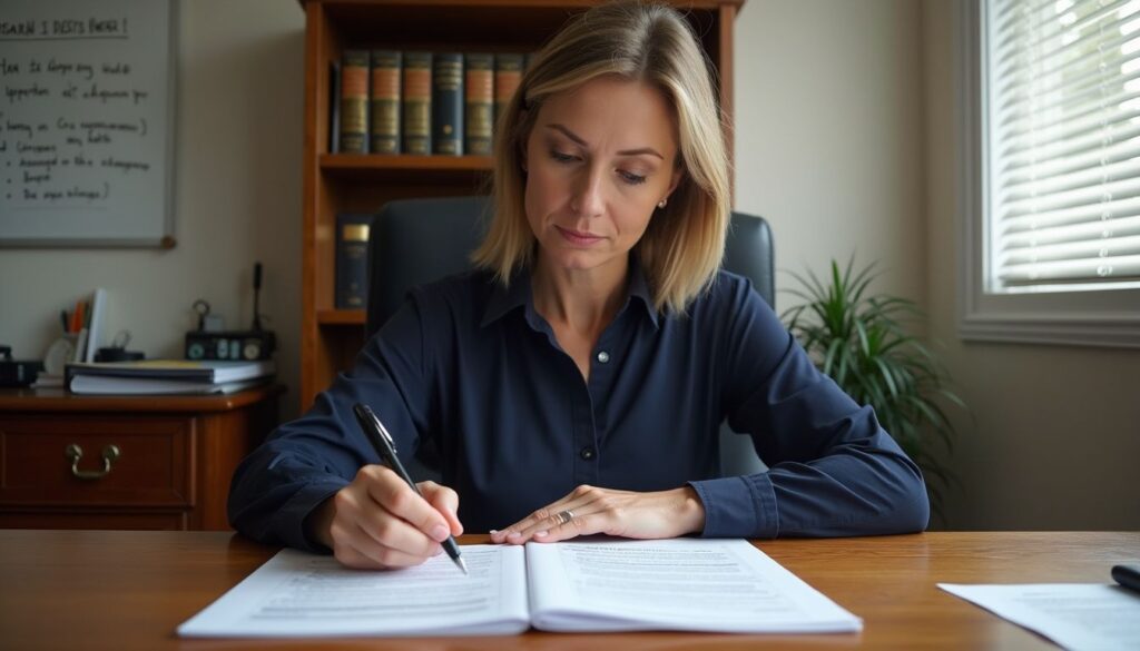 A focused woman reviews official documents in an organized office.