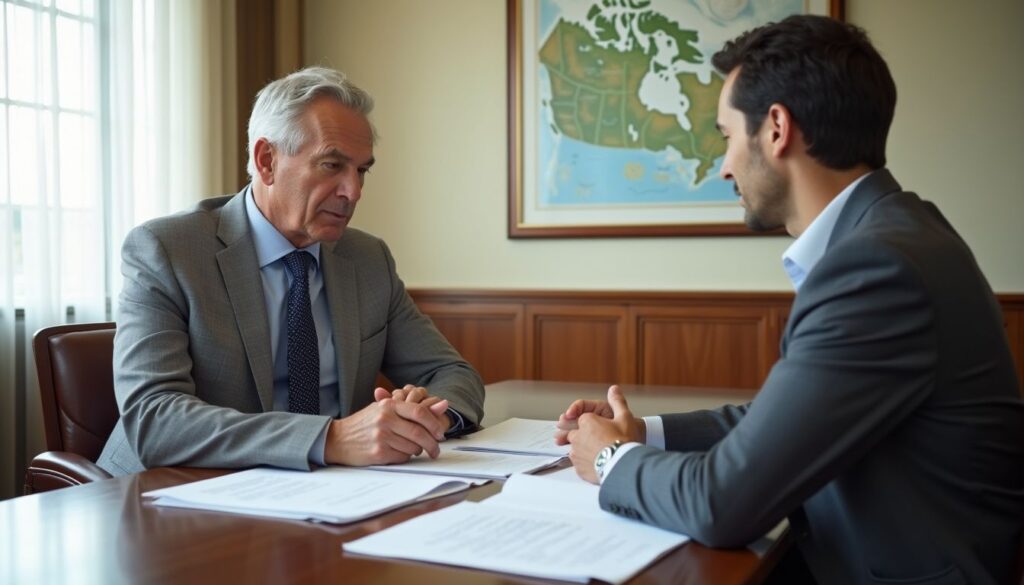 Investor and government official engage in serious discussion over documents.