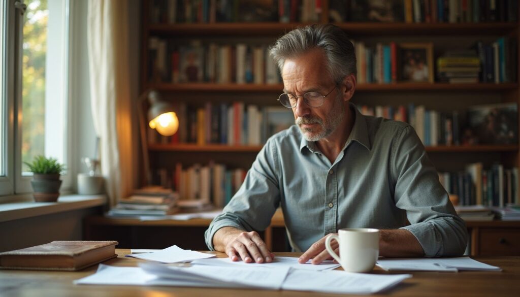 A focused man organizes legal documents at a cluttered home office desk.