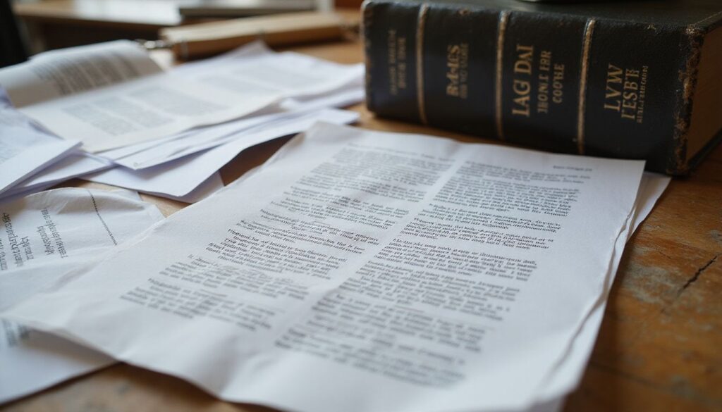 A cluttered wooden desk filled with legal documents and a law book.