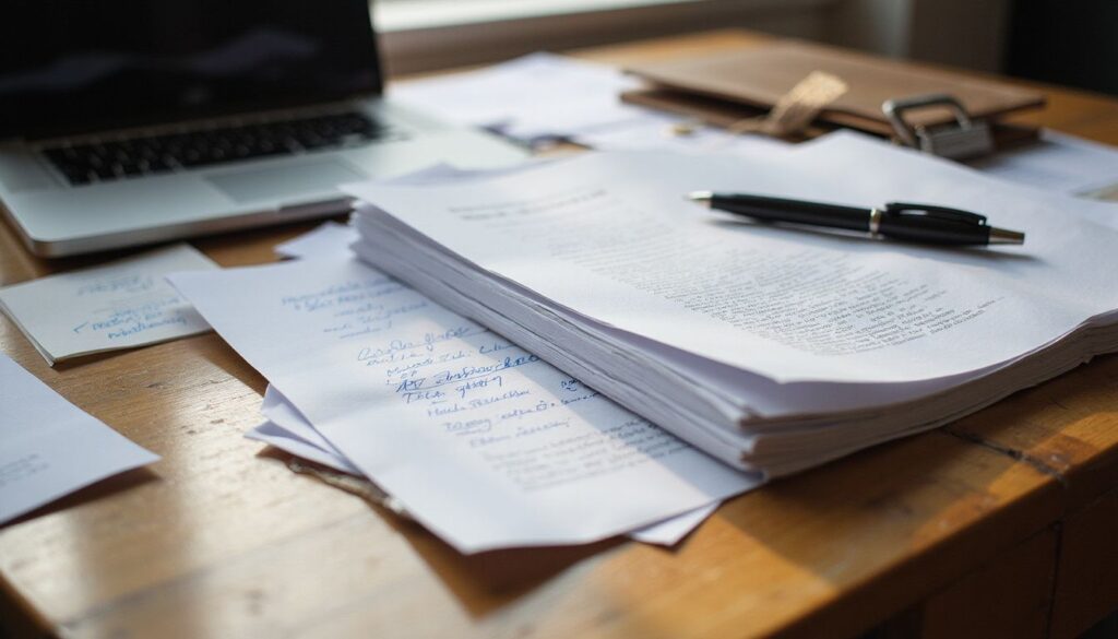 A cluttered office desk with papers, a laptop, and legal documents.